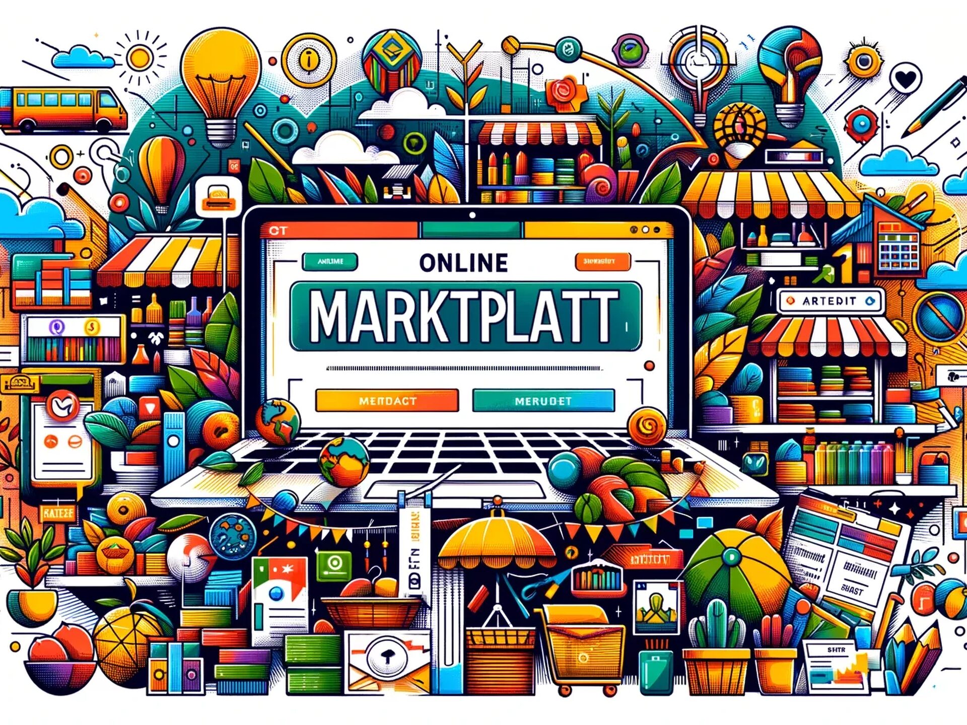 DALL E 2024 04 24 15 54 03 A vibrant hero image for the Online Marktplatz project page showcasing an engaging digital marketplace The image should illustrate a bustling onli